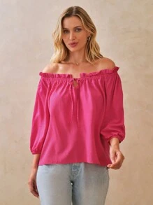 SHEIN Cà vạt Viền Ruffle Áo sơ mi - Màu Hồng Tươi - Xem 5