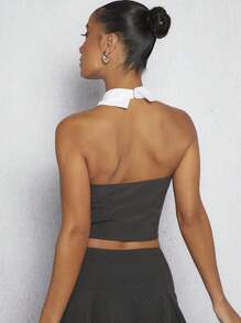 Hauture 细条纹撞色领口露背短款上衣