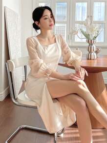 DAZY Váy cổ vuông xẻ tà cao tay bèo, váy dạ hội sinh nhật, váy mùa thu, váy dài tay thanh lịch cho nữ - Màu be - Xem 1