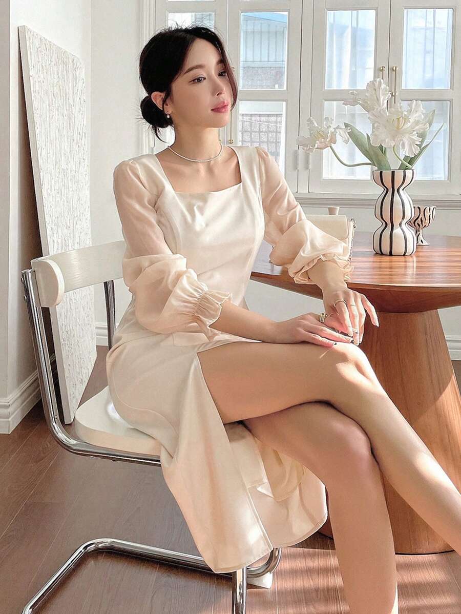 DAZY Váy cổ vuông xẻ tà cao tay bèo, váy dạ hội sinh nhật, váy mùa thu, váy dài tay thanh lịch cho nữ - Màu be - Xem 1