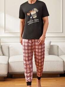 男士咖啡圖案短袖t恤居家套裝 - 彩色 - 查看 5