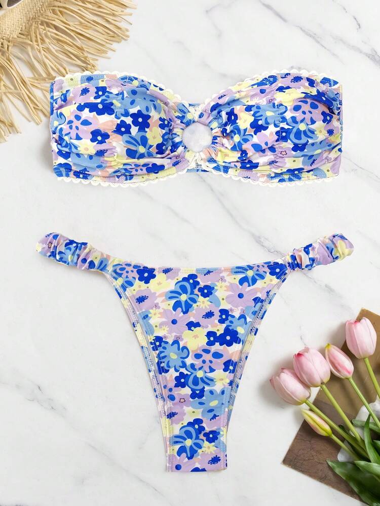 Summer Floral Print Bandeau Bikini Set For Women, Random Print For Beach Vacations