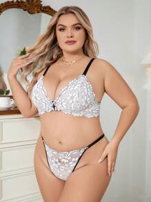 2pcs/Set Plus Size Sexy Lace Wireless Bra And Panties Set For Women, Lingerie - Black and White - View 1