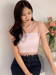 DAZY 女式夏季圆领网眼短袖透明上衣，返校服装 - 粉色 - 查看 8