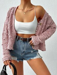 EURMUSE Gilet Tricoté D'été Pour Femme, Élégant, Avec Un Décolleté En V Et Des Évidements - Rose bonbon - Voir 5