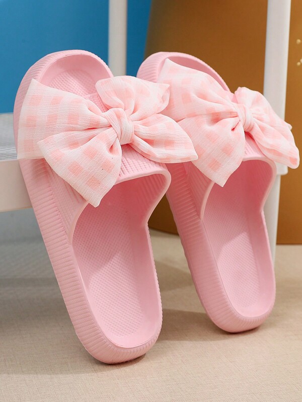 Summer Seaside Holiday Thick-Soled Anti-Slip Plastic Slippers, Simple And Versatile, Diy Plaid Bow Knot Slippers,Beach Outfits