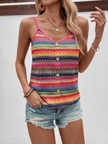 Breezaya Women's Color Block Braided Texture Buttoned Tank Top, Perfect For Summer And Vacation - Multicolor - View 3