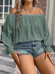 SHEIN Clasi Plus Size Kỳ nghỉ Màu trơn Áo thun thêu lệch vai - màu xanh lá - Xem 4