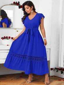 Cravure Plus Size Solid Color Lace Patchwork Ruffle Hem Dress For Summer Maxi Women Outfit Wedding