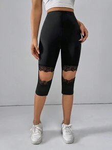 SHEIN Essnce 女士夏日休閒拼接花邊空心3/4 7分褲 - 黑色 - 查看 3