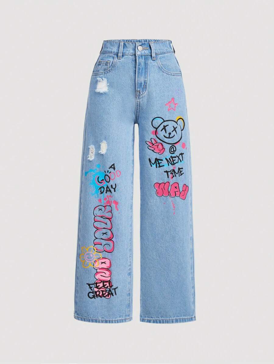 SHEIN 少女春夏波西米亚风破洞字母卡通印花直筒牛仔裤,带斜插口袋 - 淺色水洗藍 - 查看 1