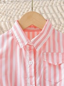 SHEIN Young Girl Striped Print Flap Pocket Belted Shirt - Multicolor - View 4