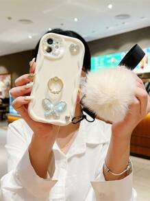 Butterfly Decor Phone Case With Plush Ball & Ring Holder - Multicolor - View 5