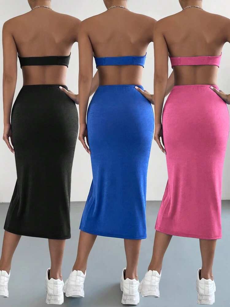 Solid Color Cropped Strapless Top And Knot Waist High Slit Skirt Set