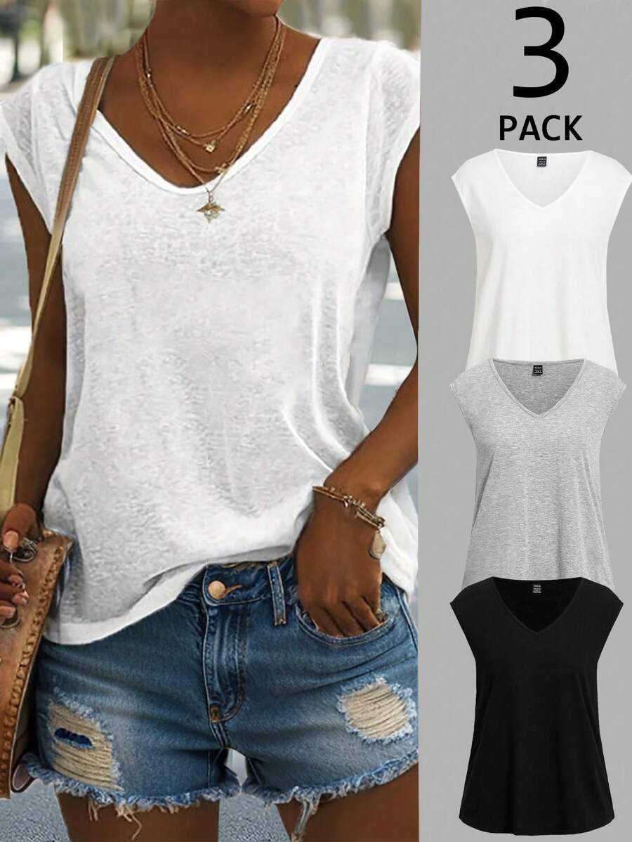 SHEIN LUNE 3入組簡約休閒V領背心，適用於夏季 - 彩色 - 查看 1
