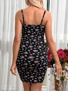 SHEIN Lãng mạn Ngày lễ Thai sản Dây đeo Mì Ý  Quần bó Ngắn Đầm In In hoa - màu đen - Xem 2
