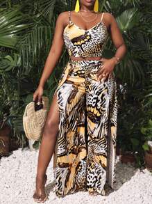 Slaydiva Music Festival Elegant And Sexy All-Over Tropical Butterfly Leopard Print And Halter Top And Loose Trousers Holiday Women's Two-Piece Set - Multicolor - View 1