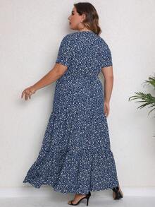 Plus Size Women's Short Sleeve Round Neck Bohemian Vacation Floral Printed Dress - Blue - View 2