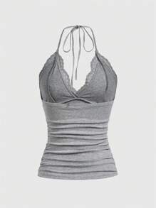 ROMWE PUNK Contrast Lace Ruched Halter Top - Grey - View 2