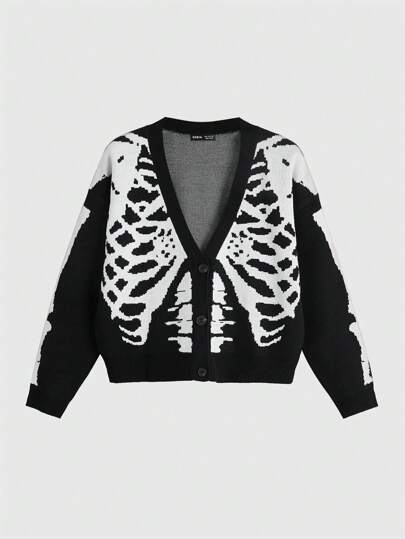 Skeleton Pattern Drop Shoulder Cardigan,Long Sleeve Tops