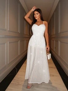 SHEIN SXY 華麗時尚的女士白銀鐵片熱轉印星光閃爍滿滿的激光性感、半透視魅力、性感火辣的女孩舞台感、高端假期、優雅的緊身背心、調節前中心摺褶、緊身高彈力雪紡松身、寬鬆長裙。 - 白色 - 查看 1