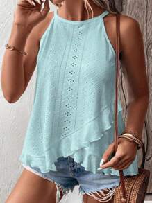 SHEIN LUNE Plus Size Women's Summer Floral Burnout Embroidery Patchwork Halter Neck Ruffle Hem Tank Top - Blue - View 6