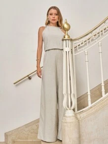 SHE(IN) BRASIL Solid Knot Shoulder Wide Leg Jumpsuit - 淺灰色 - 查看 3