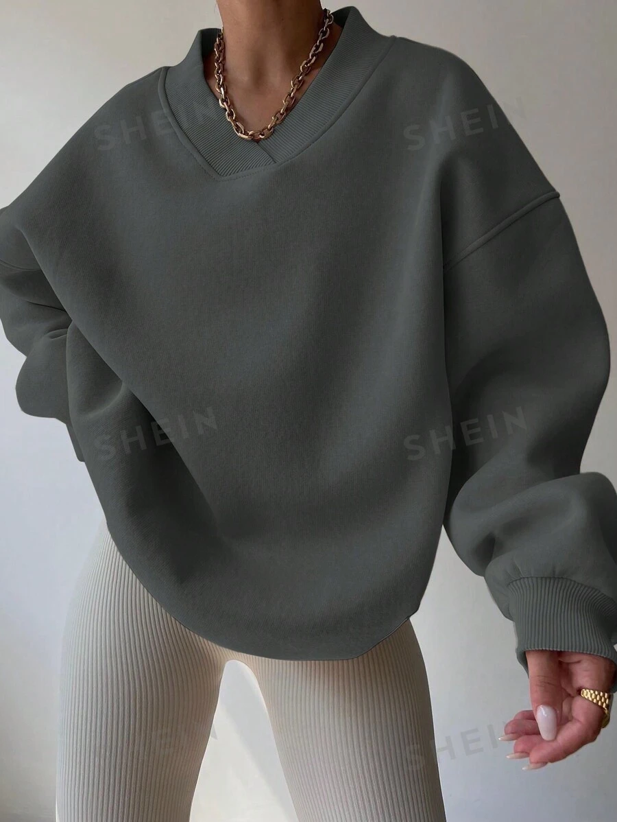 INAWLY Einfarbiges lässiges V-Ausschnitt Sweatshirt mit Drop Shoulder, geeignet für Frühling und Herbst, Damen Frühling/Herbst lässiges lange Ärmel V-Ausschnitt locker geschnittenes regular Grau Drop Shoulder Pullover Damenpullover, Langarm Oberteile - Grau - Übersicht 1