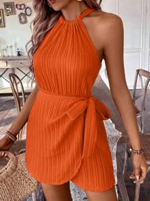 Breezaya 女士夏季純色腰帶連身褲 - 橘色 - 查看 3