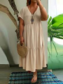 SHEIN Clasi Plus Size Women's Summer V-Neck Short Sleeve Ruffled Hem Long Dress - Apricot - View 1