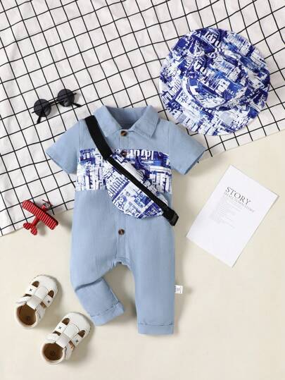 寶寶男童夏季休閒街頭風格拼接折領連身褲配有桶帽和斜挎包