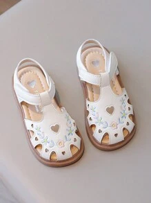 兒童涼鞋夏季新款軟底嬰兒鞋女孩刺繡復古封閉式沙灘平底涼鞋 - 米色 - 查看 2