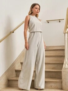 SHE(IN) BRASIL Solid Knot Shoulder Wide Leg Jumpsuit - 淺灰色 - 查看 4