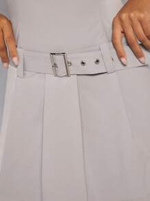 Hauture Tie Halter Neck Belted Pleated Dress - Grey - View 3