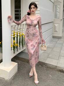 DAZY Đầm midi in hoa cổ buộc nơ phía trước phong cách ngày lễ mùa hè cho nữ Đầm dạ hội tay loe - Hồng - Xem 4