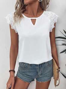 SHEIN LUNE Women's Summer Casual Loose Fit Shirt With Keyhole Neckline, Burn-Out Floral Embroidery And Raglan Sleeves - White - View 3