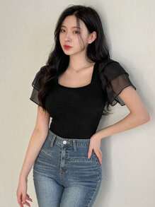 DAZY 女式方领荷叶边短袖T恤、短款上衣