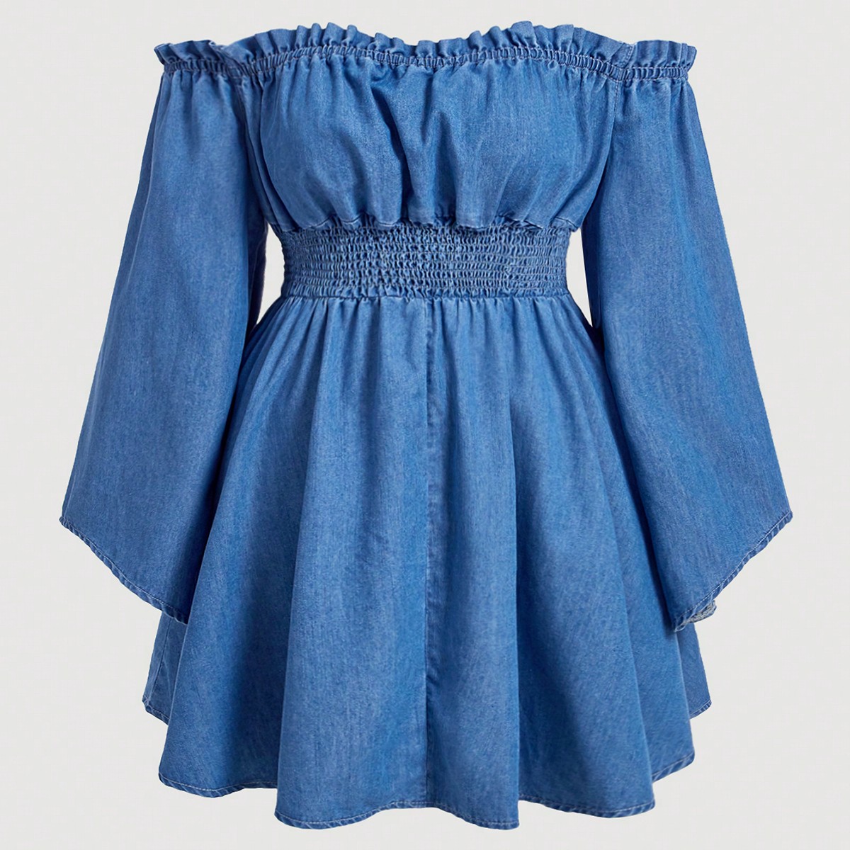 Robe En Denim Lavé Taille Plus À Épaules Dénudées Avec Un Style Audacieux Et Jeune, Encolure Et Taille À Volants