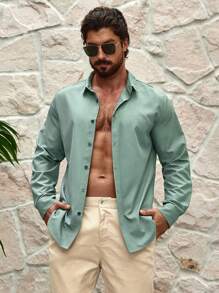 Manfinity Homme Men's Spring/Summer Casual Button-Down Long-Sleeved Shirt - Green - View 3