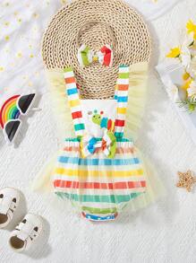 Baby Girl's Striped Cartoon Caterpillar Printed Bodysuit With Mesh Ruffle Trimmed Straps, Spring/Summer - Multicolor - View 3