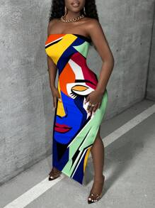 Slaydiva Women's Summer Abstract Printed Bodycon Strapless Dress With Side Slit - Multicolor - View 5