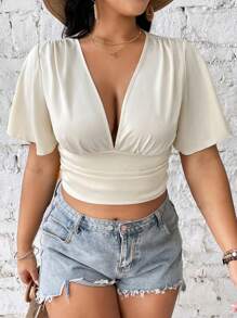 Celure 大碼夏季休閒v領荷葉袖短上衣 - 杏色 - 查看 3