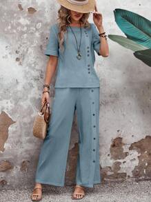 EMERY ROSE Women's Plain Loose Fit Suit With Buttons Down The Front For Spring/Summer Vacation - Blue - View 7