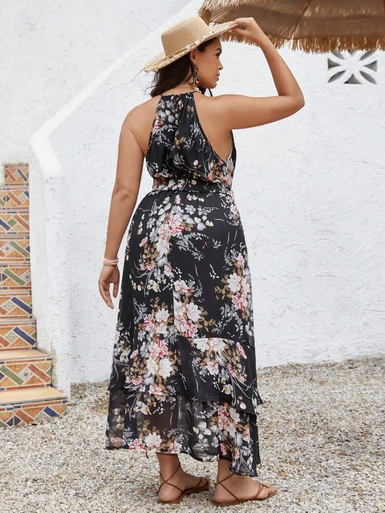 Plus Size Summer Holiday Romantic Chiffon Flower Printed Halter Beach Dress