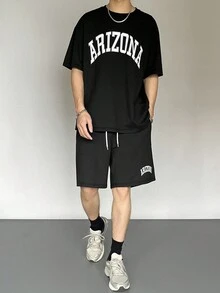 DAZY 男士字母印花夏季t恤和短褲套裝 - 黑色 - 查看 6