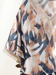 EMERY ROSE 大尺碼女士夏季植物印花v領短袖上衣和褲子套裝,適合休閒寬鬆穿著 - 彩色 - 查看 8