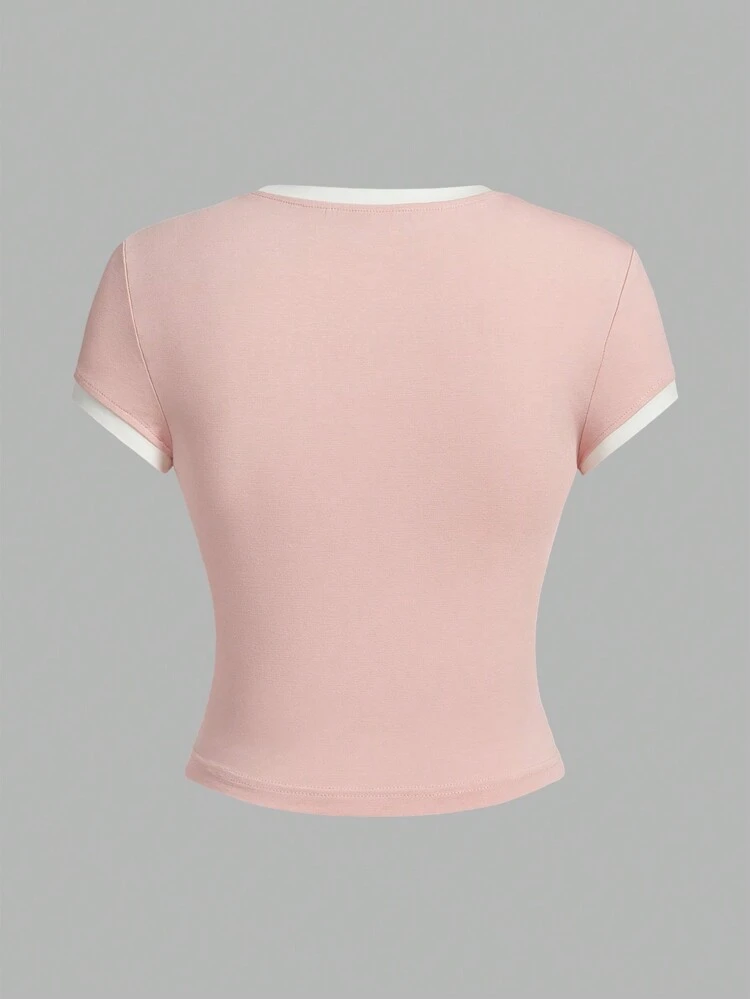 Women's Letter Print Color Block Rolled Edge Jersey T-Shirt