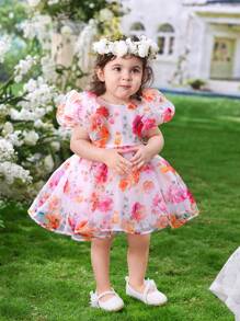 SHEIN Baby Girl Vacation Princess Sleeves Flower & Organza Printed Fluffy Dress - White - View 4