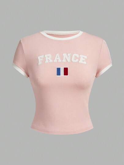 SHEIN EZwear 女款夏季圓領t卹,對比邊緣襯邊字母刺繡