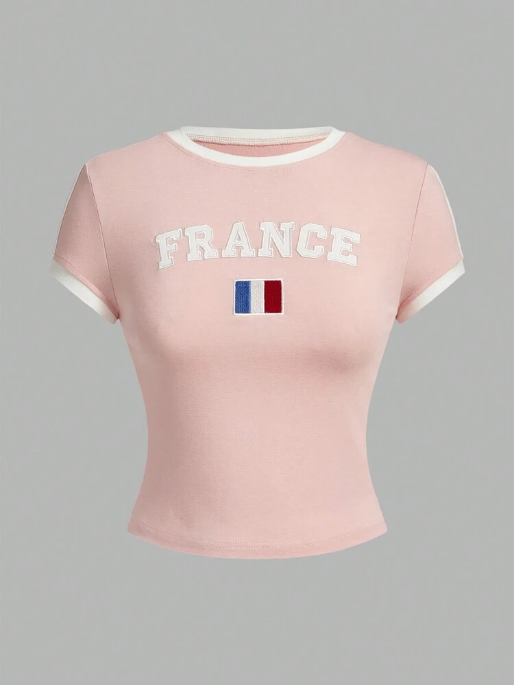 Women's Letter Print Color Block Rolled Edge Jersey T-Shirt